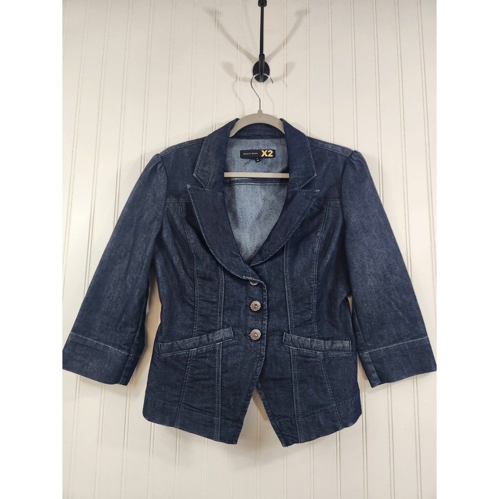 X2 Quality Denim Womens Blazer Dark Wash Corset Lace Up Back 3/4 Sleeve Size M